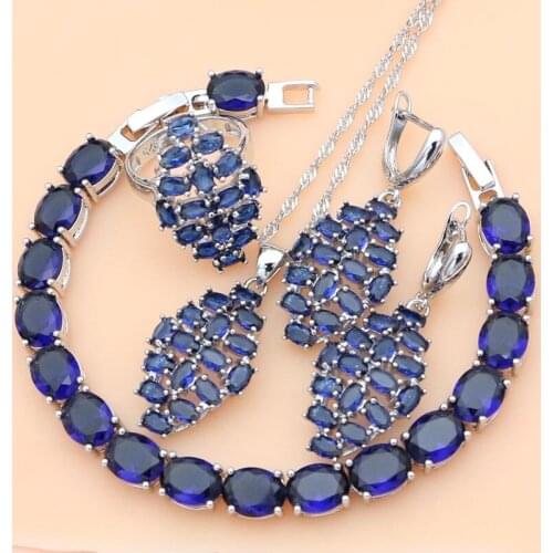 Bohemia 925 Sterling Silver Bridal Jewelry Sets Blue Sapphire Jewelry Kits for Women Bracelet Set Earrings and Ring Fashion