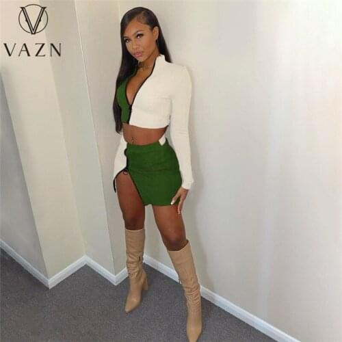 VAZN 2021 Spring Casual Patchwork High Neck Suits Special Holiday Full Sleeve Two Piece Set 2 Piece Set Women Top And Pant