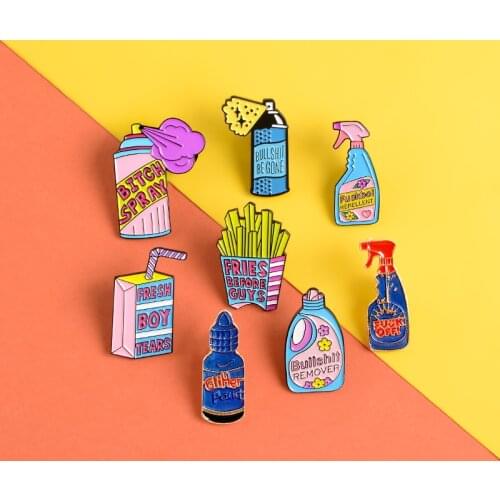 Repellent Button Pins Detergent Boxed drink French fries pink Enamel Pin Badges Big bottle spray Brooches for women Jewelry gift