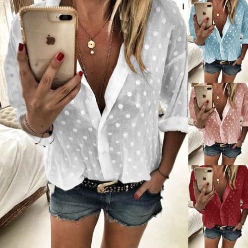 Hirigin Women Casual Polka Dots Shirts Autumn Spring Loose Turn-Down Collar Long Sleeve Button Up Tops Blouses Plus Size XXL