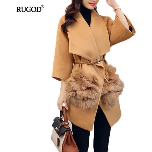 RUGOD Fur Pocket Parkas Female Belt Tunic Wool Coat Women 2019 Autumn Winter Casual Overcoat High Quality Woolen Jacket Femme