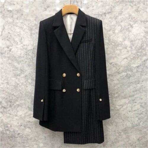 Fashion Blazers fall New striped stitching small suit long coat female irregular double-breasted personality suit women Blazers