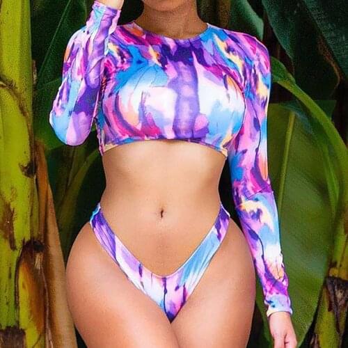 Swimsuit women bikini 2020 mujer Sexy Thong Gradient Printed Long Sleeve Split Beachwear Bikini Set maillot de bain femme