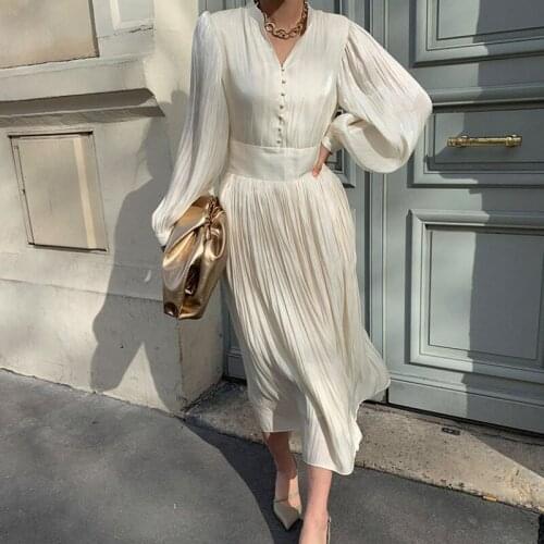 2021 Spring Women Fashion OL Puff Sleeve High Waist Satin Long Dress Elegant V Neck Slim Pleated Party Dresses Vestidos