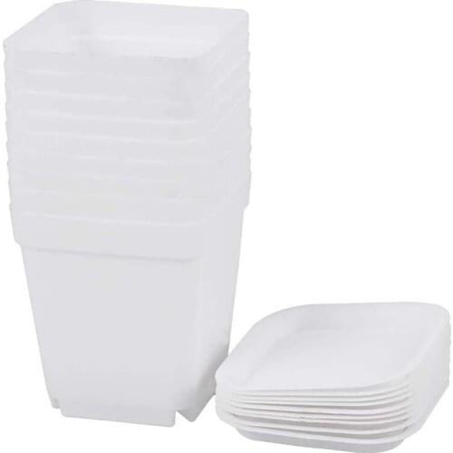 50 Pack 2.7Inch White Square Plastic Plant Pots with Saucer,Seedling Nursery Transplanting Planter Container for Garden