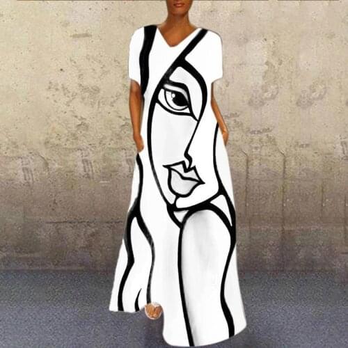 Abstract Girl Cartoon Printed Dress Women Casual Short Sleeve V Neck Loose Long Party Female A Line Pocket Party Dresses