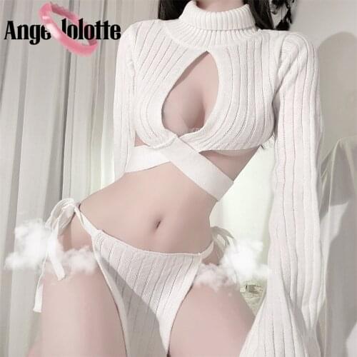 Angelolotte Fashion Womens Sexy Lingerie White Turtleneck Virgin Killer Sweaters Girls Open Chest Hollow Knitted And Pullovers