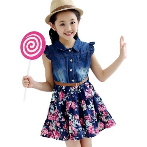 Children Dress Small Flying Sleeve Patch Pocket Kids Girls Lapel Denim Splicing Dress for Going Out