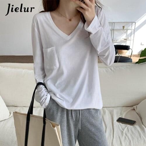 Jielur Autumn Tops Women 2021 Korean Loose Basic V-neck T shirts Loose Long Sleeve Pocket Cotton T-shirt Black Womens Clothing