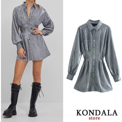 KONDALA Women Dress Za Sexy Sashes Backless Shiny Party Dress Long Sleeve A-Line Button Shirt Dresses Female Stylish Vestidos