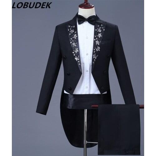 Mens Swallowtail Stage Costume Black Embroidery Slim Blazers Tailcoat Suit Magician Club Outfit Prom Host Singer Chorus Dress