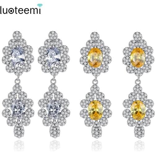 LUOTEEMI Noble Flower Long Drop Earrings for Women Girls Wedding Party AAA Yellow or Clear CZ Luxury Fashion Jewelry Brincos