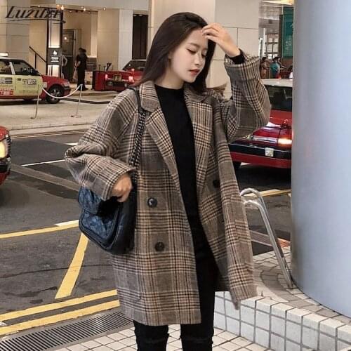 Luzuzi Autumn winter loose plaid woolen coat women thick office lady pockets work ladies loose double breasted outerwear tops
