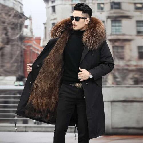 HANZANGL Mens Pie Overcoming Detachable Liner 2020 Winter New Haining Fur Coat Long Outerwear For Men Plus Size M-5XL