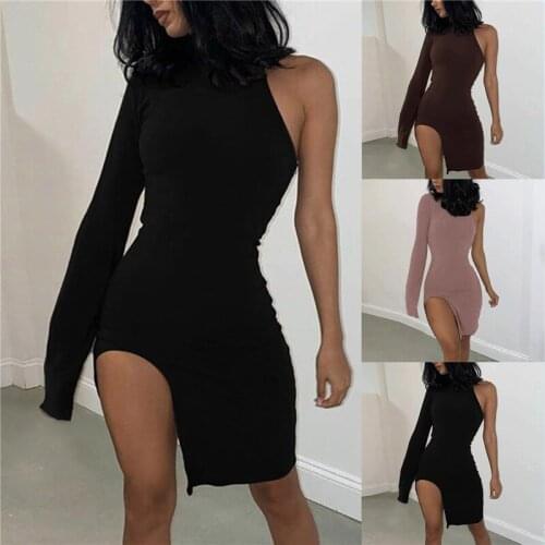 One Shoulder Long Sleeve Women Bodycon Party Dresses Side Slit Autumn Fashion Sexy Skinny Clubwear Mini Dress Solid Hot