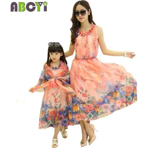 New 2015 Mom and Daughter Dresses with Belt Long Maxi Summer Vacation Dresses Family Beach Dress Chiffon Girls Women Dress A6012