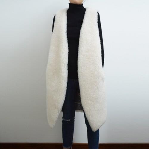 Autumn Winter 100% Wool Waistcoat Women White Fur Vest Long Style rf0144