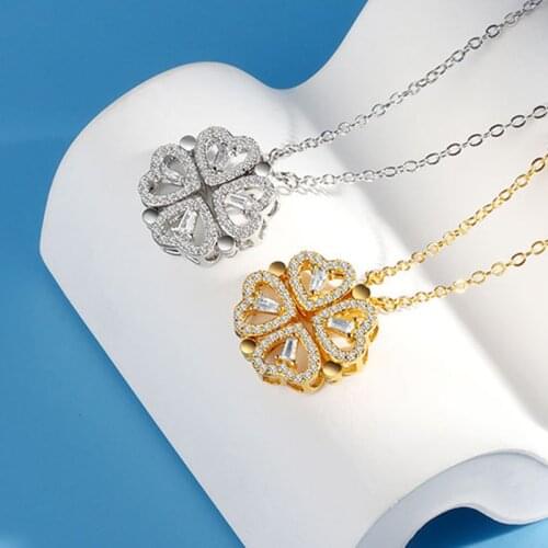 KOFSAC Luxurious Two In One Love Heart Four Leaf Clover Necklace 925 Silver Jewelry Zircon Lucky Grass Fashion Women Girl Gift