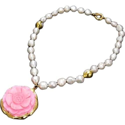 GG Jewelry Unique Natural Pearl Necklace Gold Plated Pink Coral Flower Pendant White Baroque Pearl Necklace18" For Fashion Lady