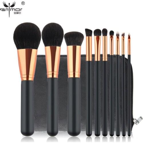 Anmor 10PCS Professional Makeup Brushes Set Foundation Eyeshadow Blending Powder Make Up Brush Tools Kit With Dark Brown Bag