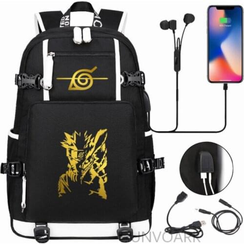 Golden Anime Ninja Narutoes Uzumaki Sasuke USB Charging Backpack Schoolbag Travel Notebook Laptop Bags for Kids Students