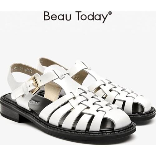 Women Gladiator Sandals Genuine Cow Leather Woven Cover Toe Buckle Strap Summer Ladies Flats Shoes Handmade BeauToday 33033