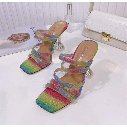 Women Summer Sexy Crystal Slippers Large Size 46 Ladies Square Head Candy Color Horizontal Strip Open Toe Transparent Heel Shoes