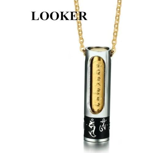 Titanium Steel Six Words Mantra Necklace Om Mani Padme Hum Prayer Bottle Urn Pendants Necklaces for Men Women Buddhism Jewelry