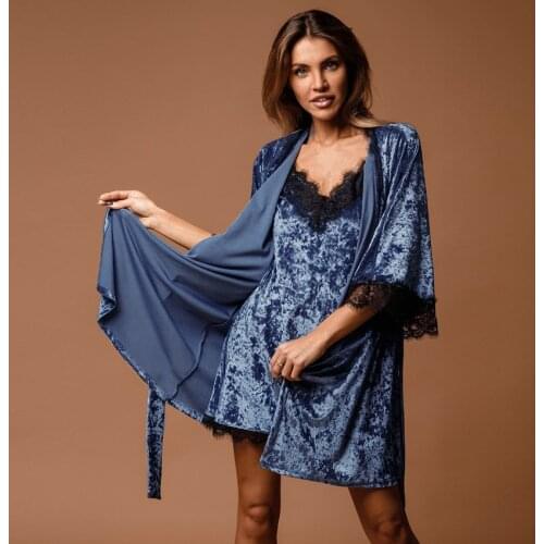 Hiloc Velour Robes Women Pajama Sets Lace Patchwork Nightdress Set Woman 2 Pieces Nightwear Velvet Nightgowns Splicing Sleepwear