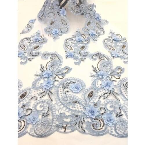 High Quality 2021 Tulle Sequins African Lace Fabric Guipure Embroidered French Net Nigerian Lace Fabrics For Wedding Blue RF3033
