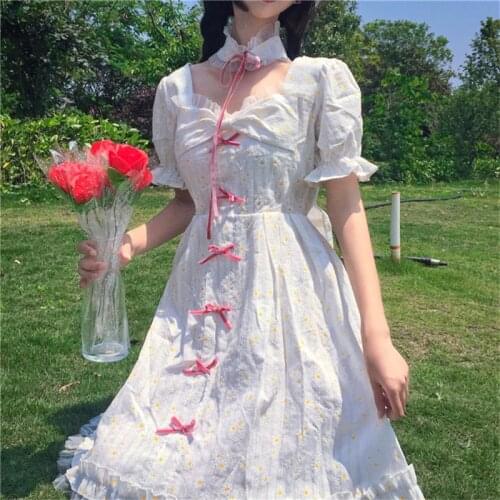 Japanese sweet little daisy floral white square collar dress French knee-length dress mori girl 2020 new summer dresses