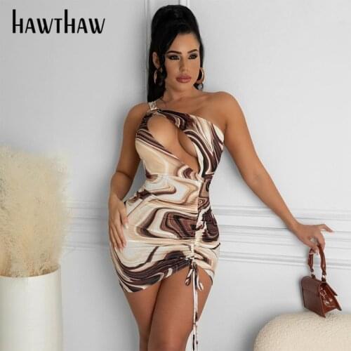 Hawthaw Women Summer One Shoulder Hollow Out Printed Bodycon Package Hip Mini Dress Sundress 2021 Female Clothing Streetwear