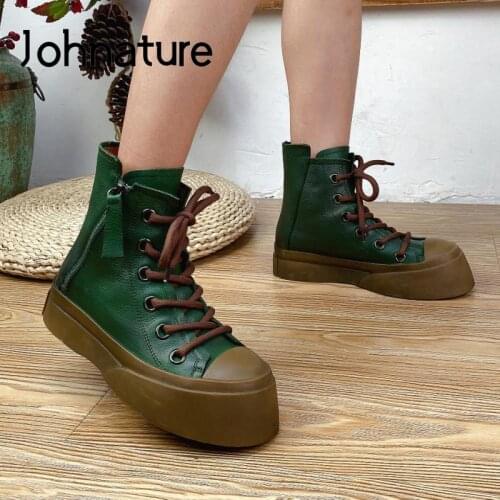 Johnature Genuine Leather Ankle Shoes Women Boots Round Toe Lace-up Retro 2021 New Autumn Winter Handmade Leisure Platform Boots