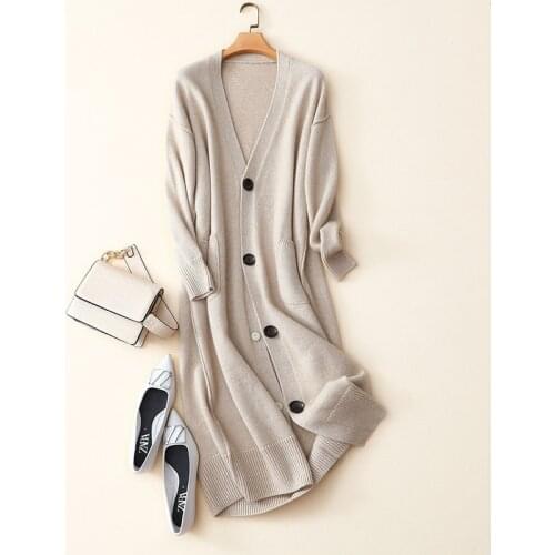 100% cashmere buttons cardigan women oversized long sleeve coat knitted winter warm v neck outerwear