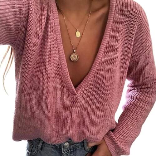Autumn Winter Women Solid Color Knitted Sweater Deep V Neck Jumper Pullover