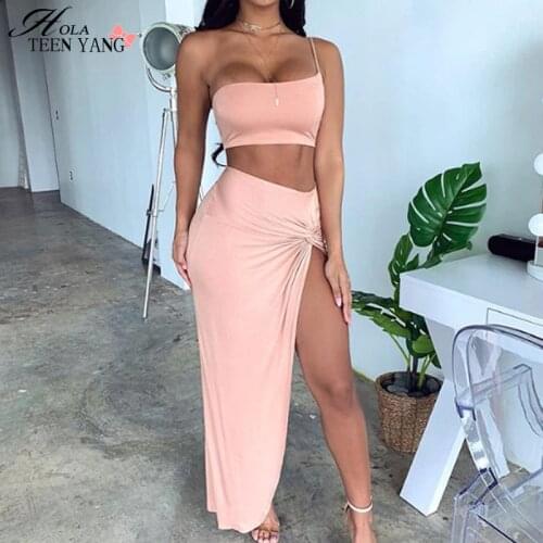 HolaTeenYang Women One Shoulder Crop Top & Twist Asymmetrical Skirt High Split Ruch Skirt Female Sets Club Party Outfits 2020