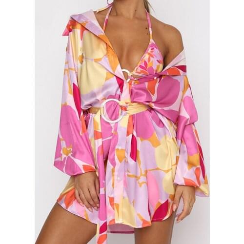 2021 New Style Women Casual Shirt Dress Ladies Button-down Printed Pattern Long Sleeve V-neck Casual Mini Dress with Belt