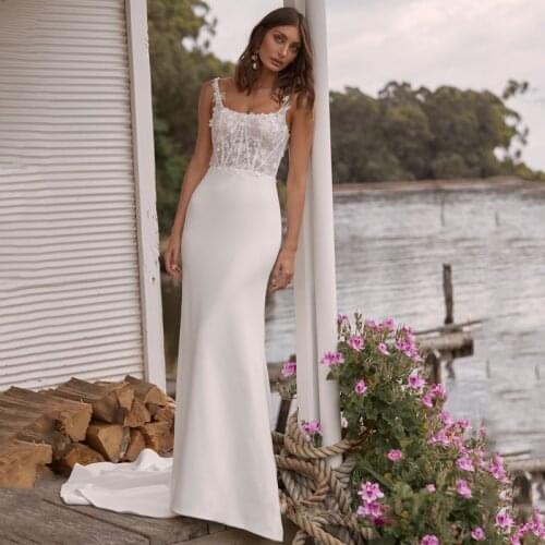 Eightree Simple Boho Wedding Dress Women White Mermaid Satin Lace Applique Beach Bridal Evening Prom Gowns Bride Dress Plus Size