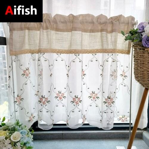 Beige Retro Cotton and Linen Lace Stitching Flower Embroidery Tulle Kitchen Partition Curtain Transparent Drape 1 Piece #4