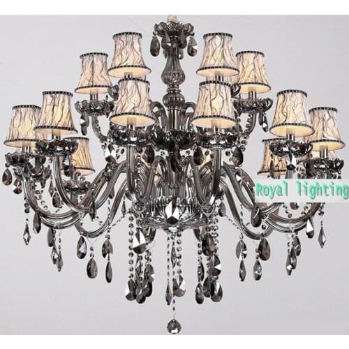 18 pcs dining room primitive black grey chandelier LED lamp Large smoke crystal chandelier for living room lamparas hotel light