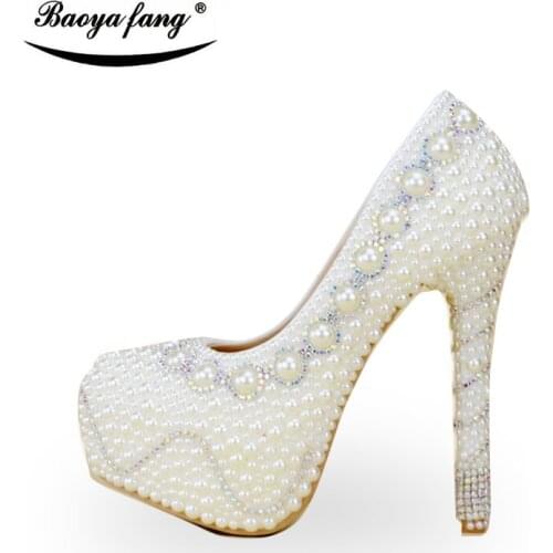 BaoYaFang White/Ivory pearl fashion Women Wedding shoes female fashion crystal handmade high heels Platform shoes plus size 43