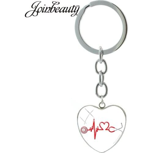 JOINBEAUTY Heartbeat Medical Stethoscope Syringe Key Chain Heart Glass Pendant Fashion Nurse Keychain Handmade Jewelry NT292