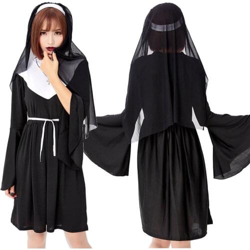 Virgin Mary Women Halloween Nun Sister Cosplay Costumes Black Dress+veil Headscarf Medieval Renaissance Choir Girls Dress