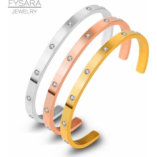 FYSARA Elegant Zirconia Crystals Cuff Bracelets & Bangles Women Jewelry Stainless Steel Gold Bangles Men Luxury Lover Pulseiras