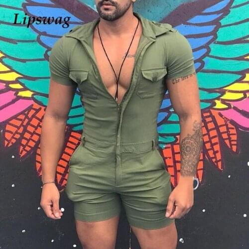 Summer Sexy Men Slim Shorts Playsuit Fashion Solid Short Sleeve Zipper Lapel Jumpsuit Overalls New Casual Streetwear Mens Romper