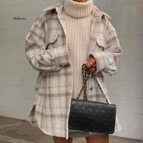 Women Autumn Winter Fashion Plaid Khaki Thick Coats Overshirt Female Stylish Pockets Plaid Long Jackets Overisze Outwear