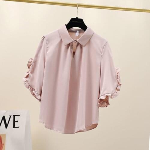Summer Women Chiffon Doll Collar Fashion Blouses Shirts Korean Version Loose Short Seleeve Tops Blusas Large Size MM0223