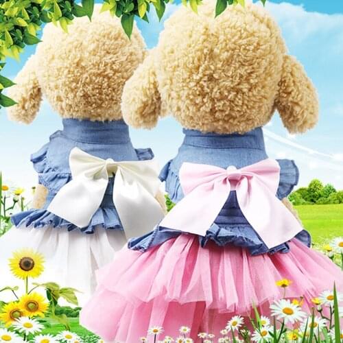 Cute Sweet Dog Dress Clothes Spring Autumn Denim Mesh Bowknot Dog Dress For Small Medium Dogs Lace Outer Wear Classic Bow Skirt