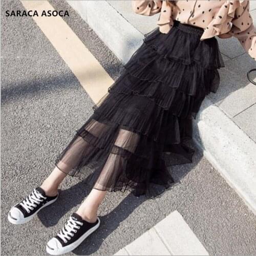 Fashion Elastic Waist Multi-layer Cake Mesh Skirt Women High Waist Mid-length Stitching Pleated Gauze Skirt Girls