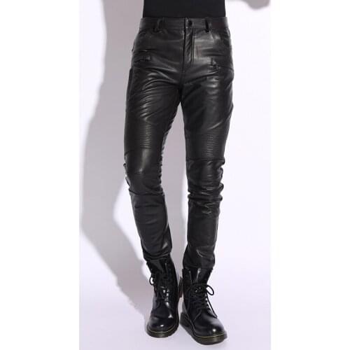 Mens Genuine Leather Pants Real Sheepskin Motorcycle Biker Punk Autumn Winter Windproof Black Outdoor Male Trousers Plus Size